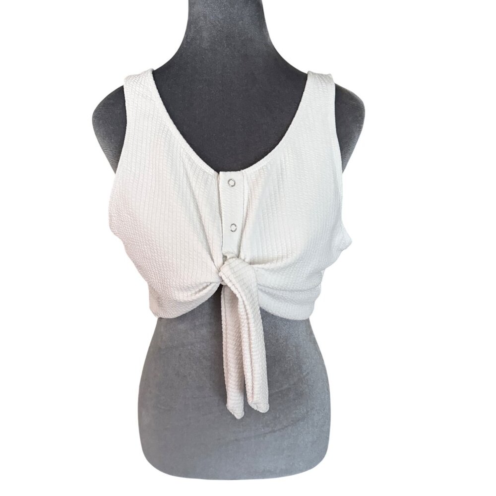 White Sleeveless Waffle Knit Tie Front Swim/Crop Top